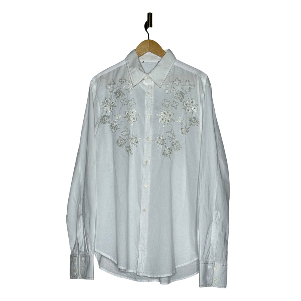 Gaudi XXXL White Embroidered Cotton Button Down Shirt Men's Boho Western